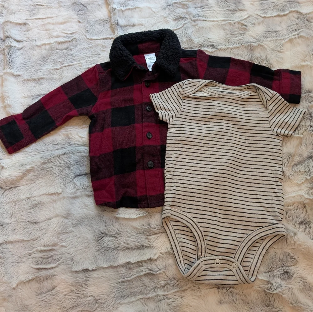 Carter's Red and Black Plaid Shirt with Striped Bodysuit